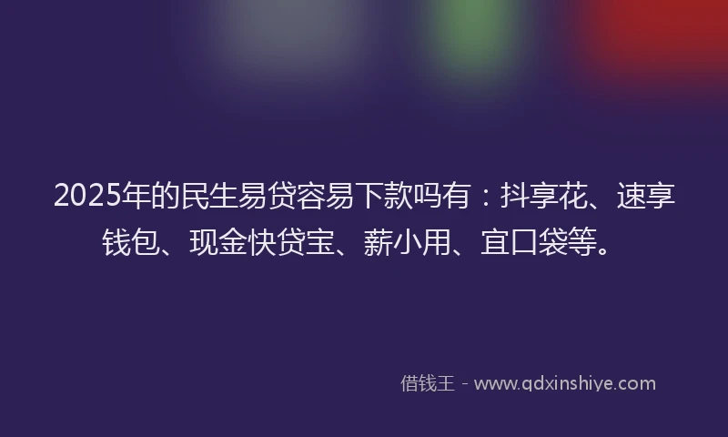 2025年的民生易贷容易下款吗有：抖享花、速享钱包、现金快贷宝、薪小用、宜口袋等。