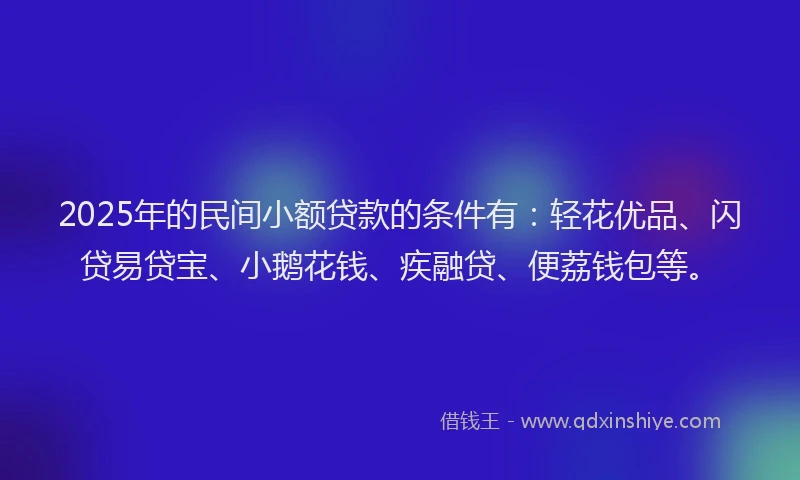 2025年的民间小额贷款的条件有：轻花优品、闪贷易贷宝、小鹅花钱、疾融贷、便荔钱包等。