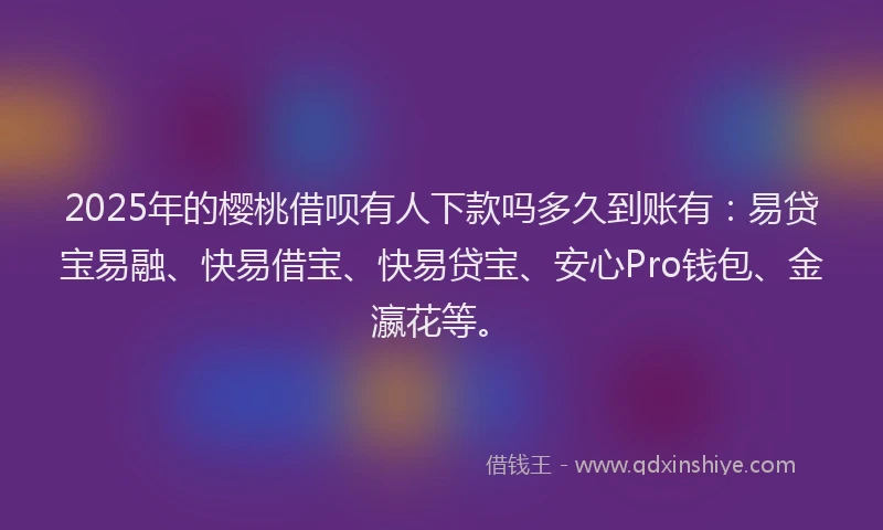 2025年的樱桃借呗有人下款吗多久到账有：易贷宝易融、快易借宝、快易贷宝、安心Pro钱包、金瀛花等。