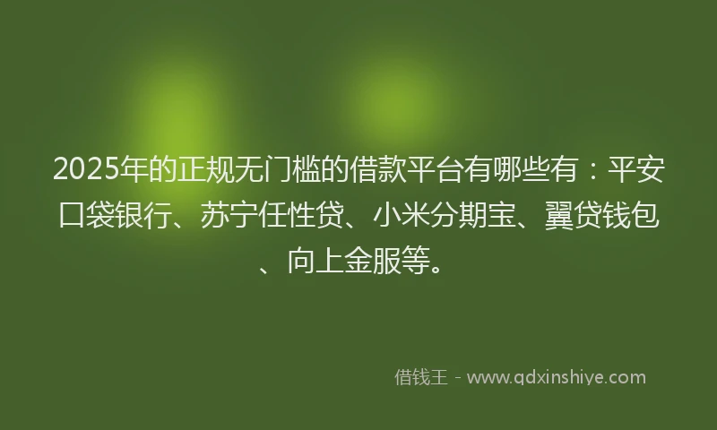 2025年的正规无门槛的借款平台有哪些有：平安口袋银行、苏宁任性贷、小米分期宝、翼贷钱包、向上金服等。