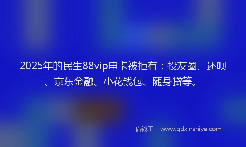 2025年的民生88vip申卡被拒有：投友圈、还呗、京东金融、小花钱包、随身贷等。