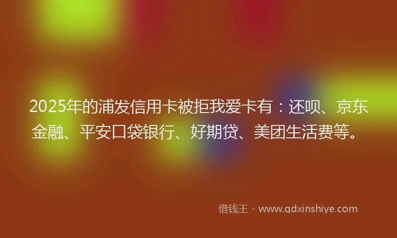 2025年的浦发信用卡被拒我爱卡有：还呗、京东金融、平安口袋银行、好期贷、美团生活费等。