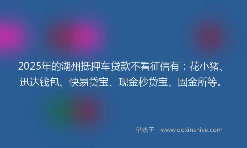2025年的湖州抵押车贷款不看征信有：花小猪、迅达钱包、快易贷宝、现金秒贷宝、固金所等。