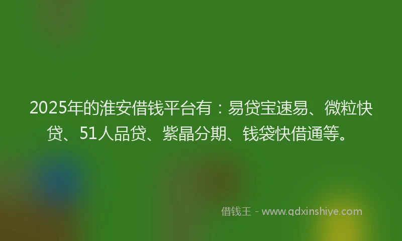 2025年的淮安借钱平台有：易贷宝速易、微粒快贷、51人品贷、紫晶分期、钱袋快借通等。