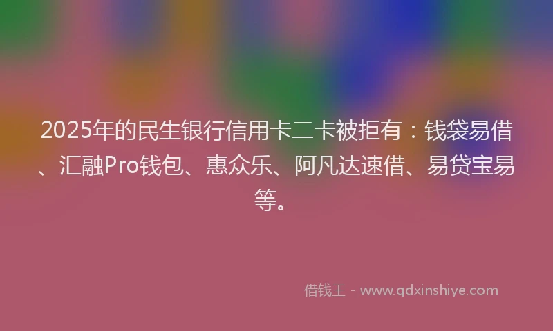 2025年的民生银行信用卡二卡被拒有：钱袋易借、汇融Pro钱包、惠众乐、阿凡达速借、易贷宝易等。