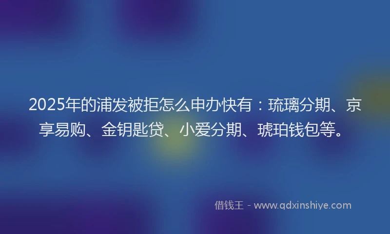 2025年的浦发被拒怎么申办快有:琉璃分期、京享易购、金钥匙贷、小爱分期、琥珀钱包等。