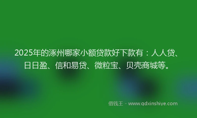 2025年的涿州哪家小额贷款好下款有：人人贷、日日盈、信和易贷、微粒宝、贝壳商城等。