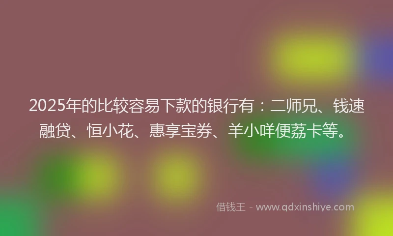 2025年的比较容易下款的银行有：二师兄、钱速融贷、恒小花、惠享宝券、羊小咩便荔卡等。