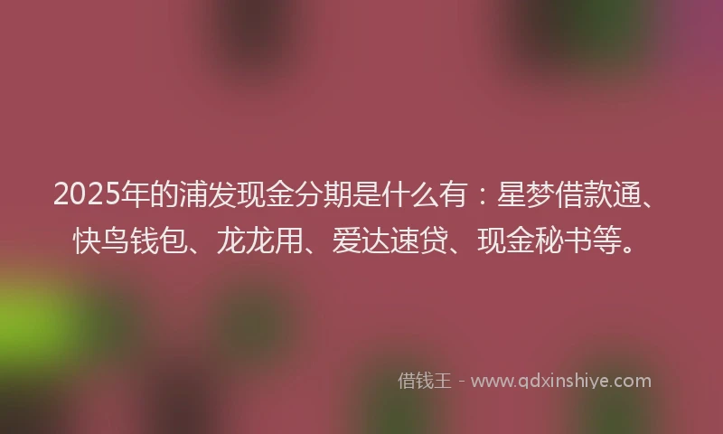 2025年的浦发现金分期是什么有：星梦借款通、快鸟钱包、龙龙用、爱达速贷、现金秘书等。