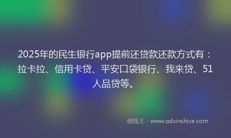 2025年的民生银行app提前还贷款还款方式有：拉卡拉、信用卡贷、平安口袋银行、我来贷、51人品贷等。