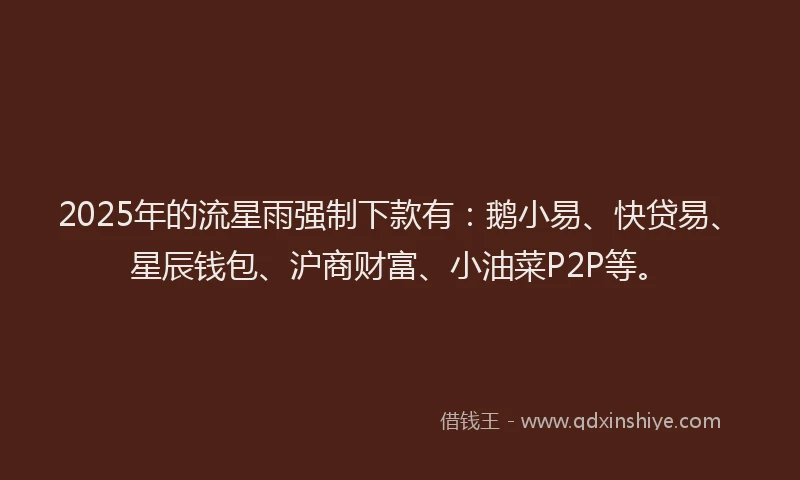2025年的流星雨强制下款有：鹅小易、快贷易、星辰钱包、沪商财富、小油菜P2P等。