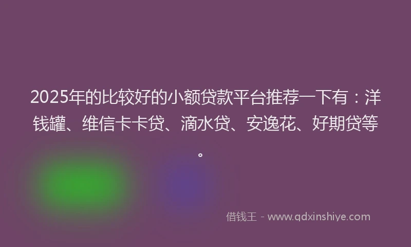 2025年的比较好的小额贷款平台推荐一下有：洋钱罐、维信卡卡贷、滴水贷、安逸花、好期贷等。
