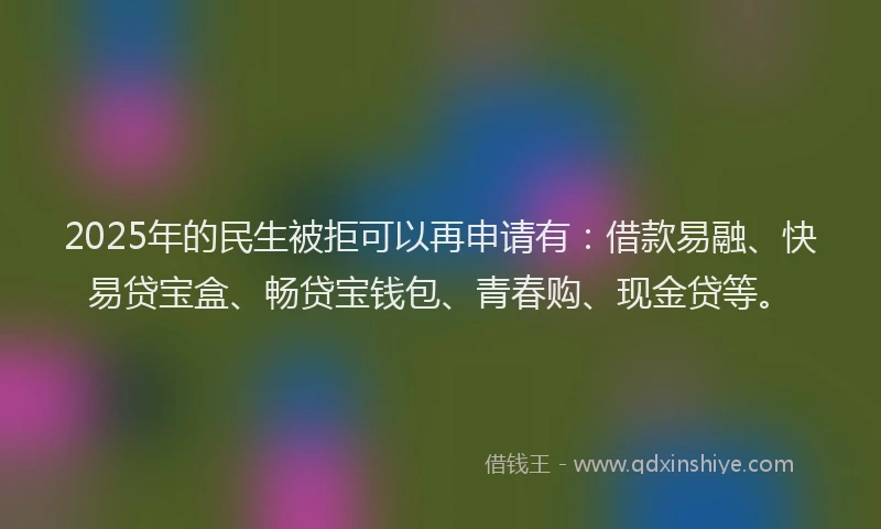 2025年的民生被拒可以再申请有：借款易融、快易贷宝盒、畅贷宝钱包、青春购、现金贷等。