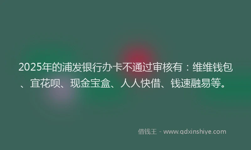 2025年的浦发银行办卡不通过审核有：维维钱包、宜花呗、现金宝盒、人人快借、钱速融易等。