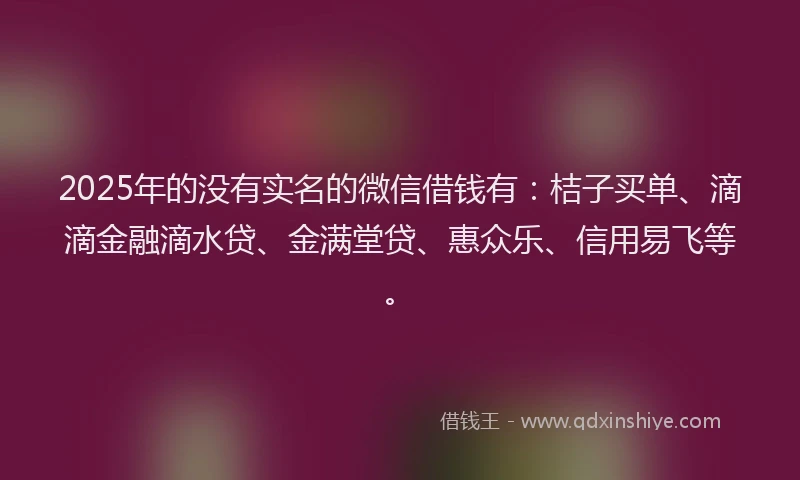 2025年的没有实名的微信借钱有：桔子买单、滴滴金融滴水贷、金满堂贷、惠众乐、信用易飞等。