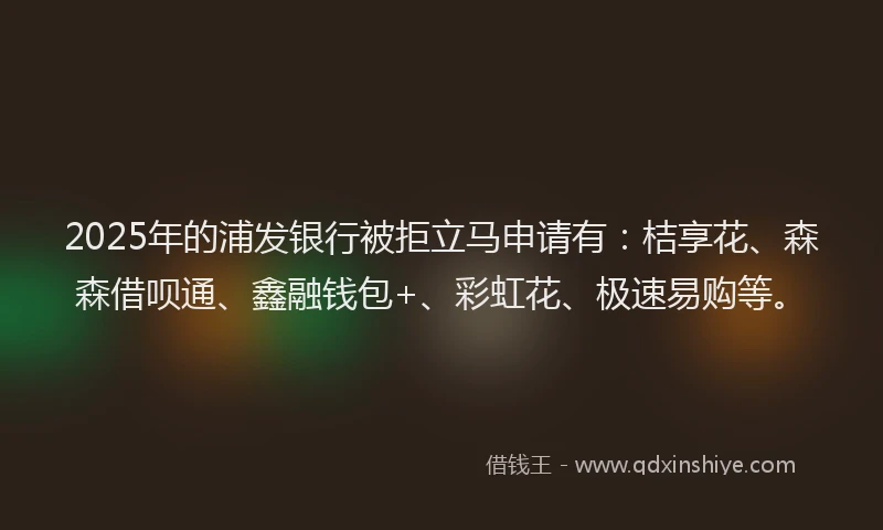 2025年的浦发银行被拒立马申请有：桔享花、森森借呗通、鑫融钱包+、彩虹花、极速易购等。