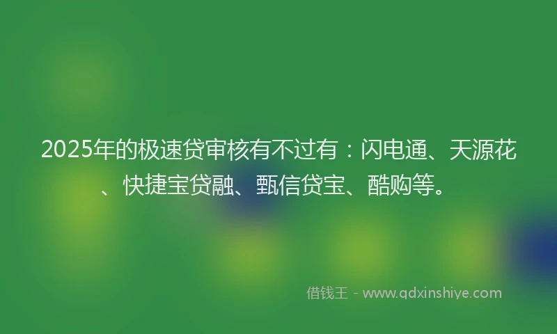 2025年的极速贷审核有不过有：闪电通、天源花、快捷宝贷融、甄信贷宝、酷购等。