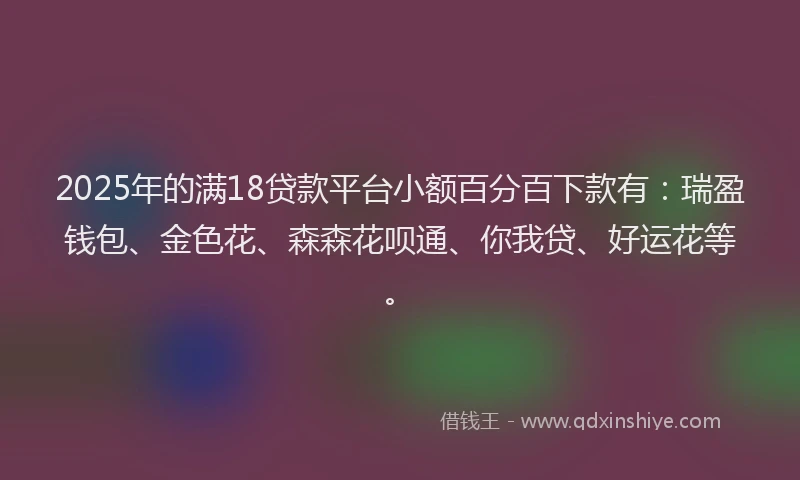 2025年的满18贷款平台小额百分百下款有：瑞盈钱包、金色花、森森花呗通、你我贷、好运花等。