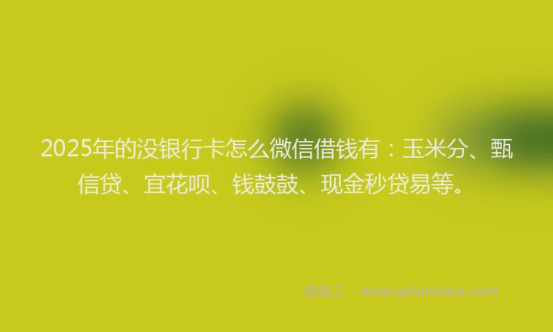 2025年的没银行卡怎么微信借钱有：玉米分、甄信贷、宜花呗、钱鼓鼓、现金秒贷易等。
