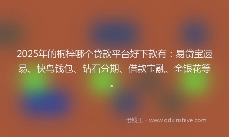 2025年的桐梓哪个贷款平台好下款有：易贷宝速易、快鸟钱包、钻石分期、借款宝融、金银花等。