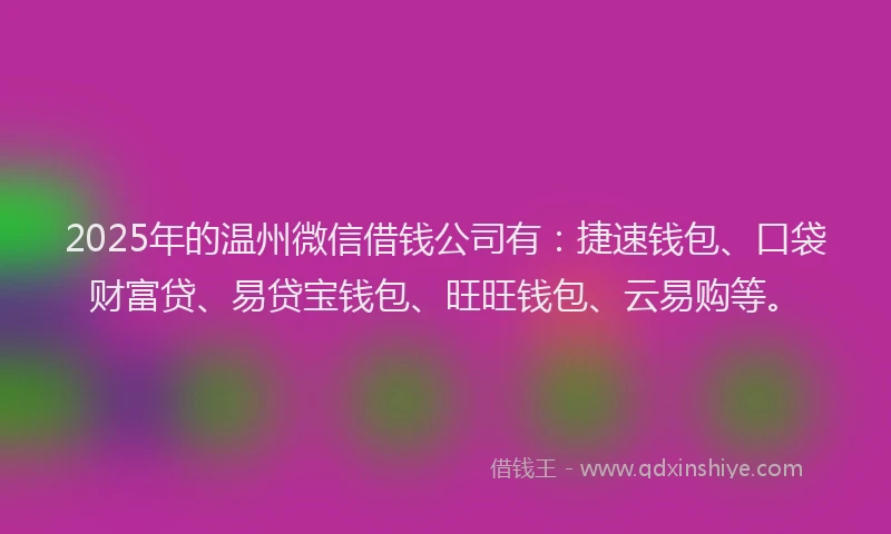 2025年的温州微信借钱公司有：捷速钱包、口袋财富贷、易贷宝钱包、旺旺钱包、云易购等。