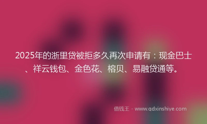 2025年的浙里贷被拒多久再次申请有：现金巴士、祥云钱包、金色花、榕贝、易融贷通等。