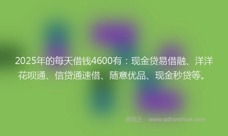 2025年的每天借钱4600有：现金贷易借融、洋洋花呗通、信贷通速借、随意优品、现金秒贷等。