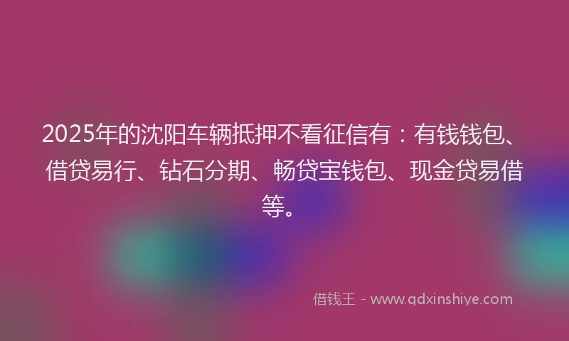2025年的沈阳车辆抵押不看征信有：有钱钱包、借贷易行、钻石分期、畅贷宝钱包、现金贷易借等。