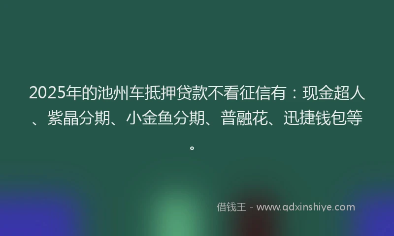 2025年的池州车抵押贷款不看征信有：现金超人、紫晶分期、小金鱼分期、普融花、迅捷钱包等。
