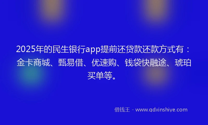 2025年的民生银行app提前还贷款还款方式有：金卡商城、甄易借、优速购、钱袋快融途、琥珀买单等。