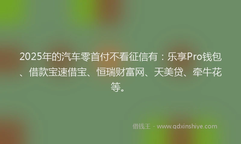 2025年的汽车零首付不看征信有：乐享Pro钱包、借款宝速借宝、恒瑞财富网、天美贷、牵牛花等。
