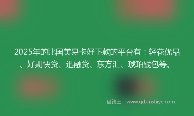 2025年的比国美易卡好下款的平台有：轻花优品、好期快贷、迅融贷、东方汇、琥珀钱包等。
