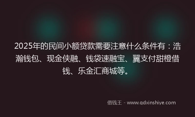 2025年的民间小额贷款需要注意什么条件有：浩瀚钱包、现金侠融、钱袋速融宝、翼支付甜橙借钱、乐金汇商城等。