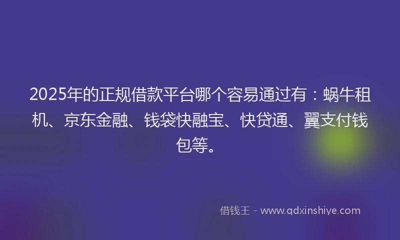 2025年的正规借款平台哪个容易通过有：蜗牛租机、京东金融、钱袋快融宝、快贷通、翼支付钱包等。