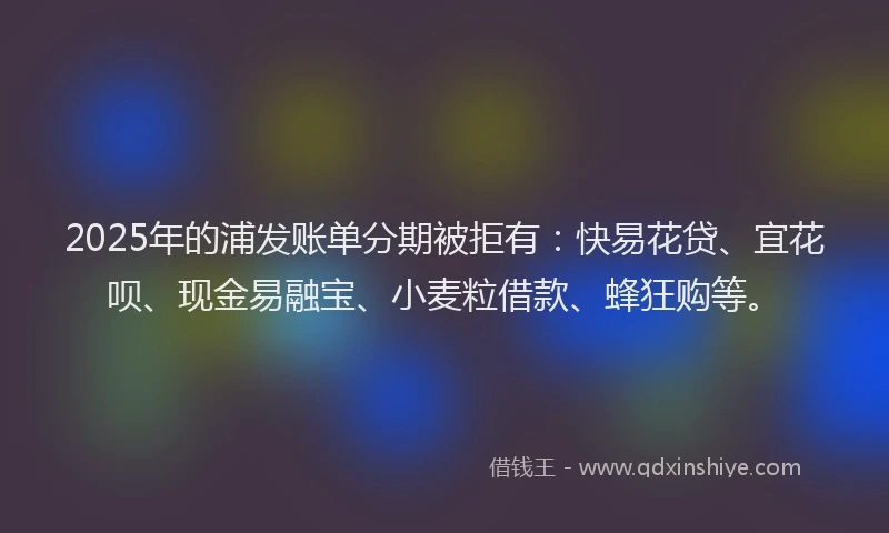 2025年的浦发账单分期被拒有:快易花贷、宜花呗、现金易融宝、小麦粒借款、蜂狂购等。