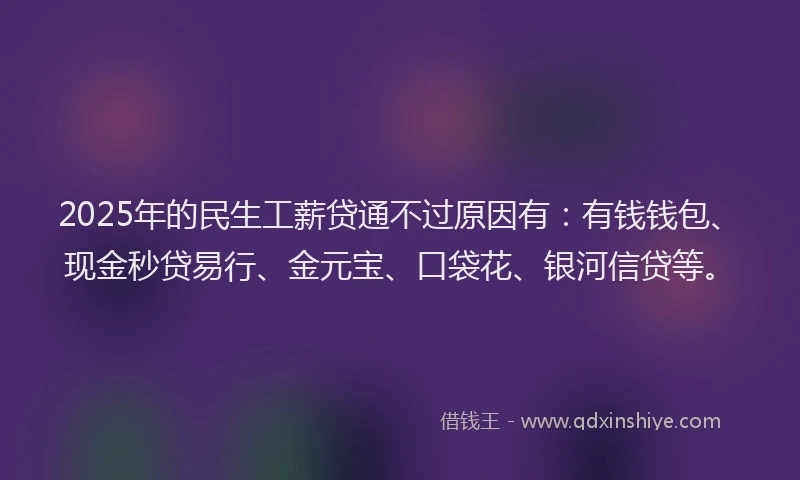 2025年的民生工薪贷通不过原因有：有钱钱包、现金秒贷易行、金元宝、口袋花、银河信贷等。