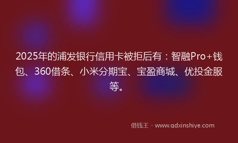 2025年的浦发银行信用卡被拒后有：智融Pro+钱包、360借条、小米分期宝、宝盈商城、优投金服等。