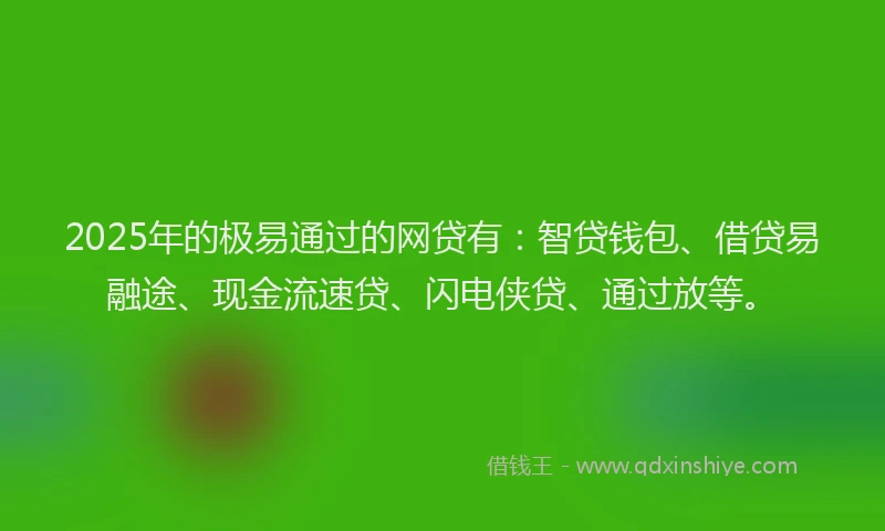 2025年的极易通过的网贷有：智贷钱包、借贷易融途、现金流速贷、闪电侠贷、通过放等。