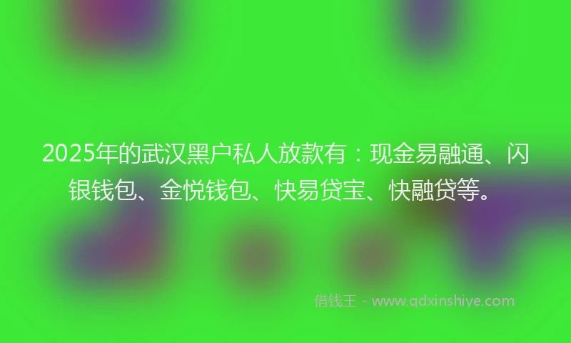 2025年的武汉黑户私人放款有：现金易融通、闪银钱包、金悦钱包、快易贷宝、快融贷等。