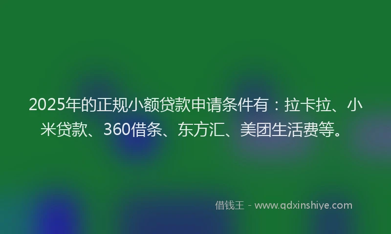 2025年的正规小额贷款申请条件有：拉卡拉、小米贷款、360借条、东方汇、美团生活费等。