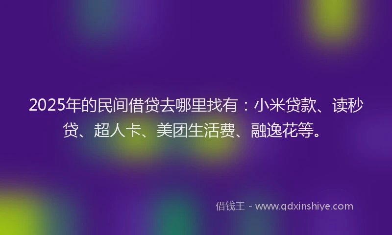 2025年的民间借贷去哪里找有：小米贷款、读秒贷、超人卡、美团生活费、融逸花等。