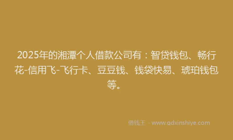 2025年的湘潭个人借款公司有：智贷钱包、畅行花-信用飞-飞行卡、豆豆钱、钱袋快易、琥珀钱包等。