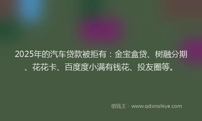 2025年的汽车贷款被拒有：金宝盒贷、树融分期、花花卡、百度度小满有钱花、投友圈等。