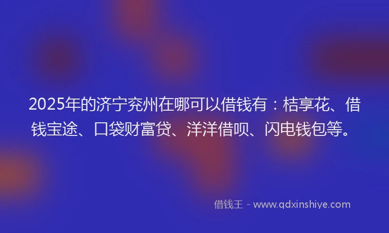2025年的济宁兖州在哪可以借钱有：桔享花、借钱宝途、口袋财富贷、洋洋借呗、闪电钱包等。