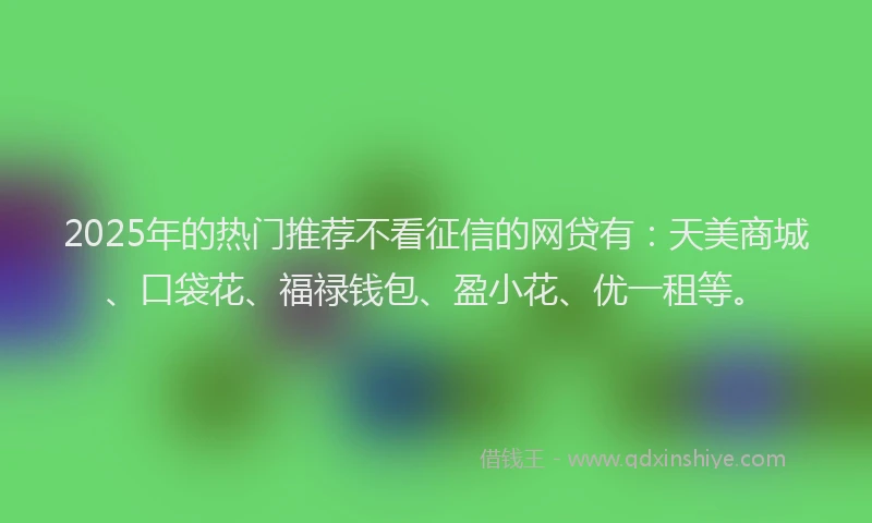 2025年的热门推荐不看征信的网贷有：天美商城、口袋花、福禄钱包、盈小花、优一租等。