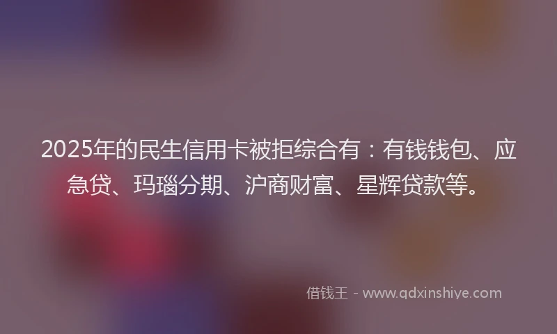 2025年的民生信用卡被拒综合有：有钱钱包、应急贷、玛瑙分期、沪商财富、星辉贷款等。