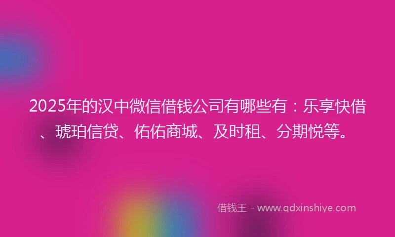 2025年的汉中微信借钱公司有哪些有：乐享快借、琥珀信贷、佑佑商城、及时租、分期悦等。