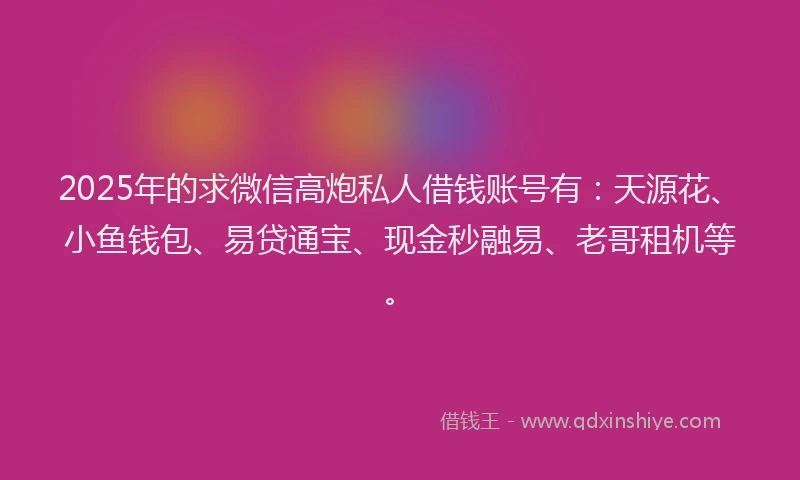2025年的求微信高炮私人借钱账号有：天源花、小鱼钱包、易贷通宝、现金秒融易、老哥租机等。