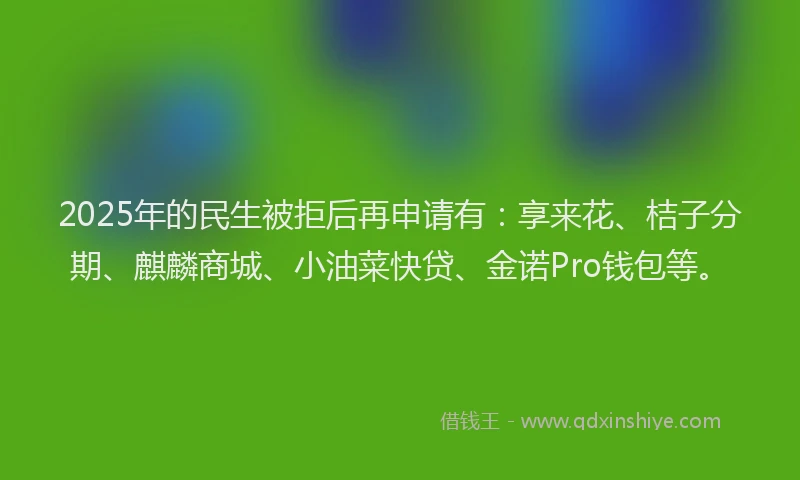 2025年的民生被拒后再申请有：享来花、桔子分期、麒麟商城、小油菜快贷、金诺Pro钱包等。