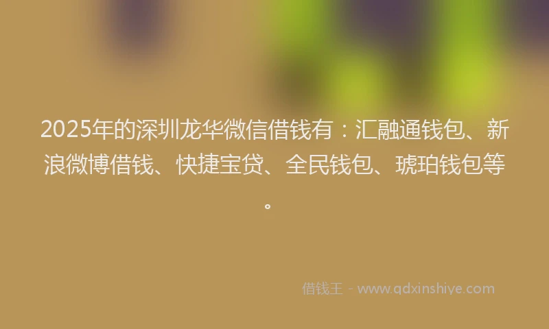 2025年的深圳龙华微信借钱有：汇融通钱包、新浪微博借钱、快捷宝贷、全民钱包、琥珀钱包等。